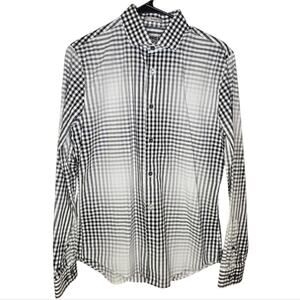 Express Fitted Collared Button Up Washed Out Black and White Checkered Shirt